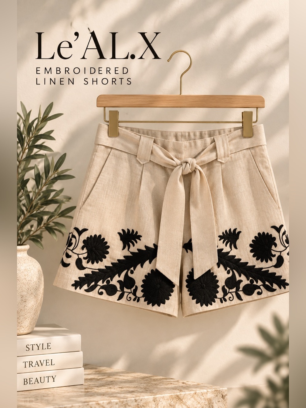 Le’ AL.X Embroidered Linen High Rise Tie Waist Shorts Size 12
